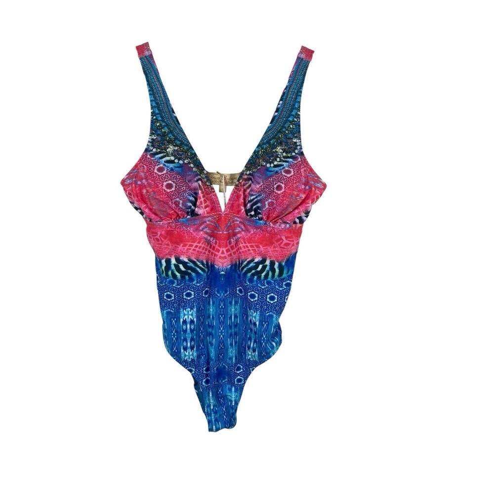 True Colours by La Moda Pink Blue Jeweled One Piece Swimsuit M Boho Festival NWT